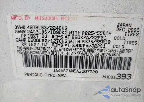 2010 Mitsubishi Outlander Se z USA, uszkodzony, nr VIN JA4AS3AW5AZ007228